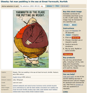 Screenshot Obesity: fFat man paddling in the sea at Great Yarmouth, Norfolk. Postcard, early 20th century. Found on Lookandlearn.com 22 August 2021.